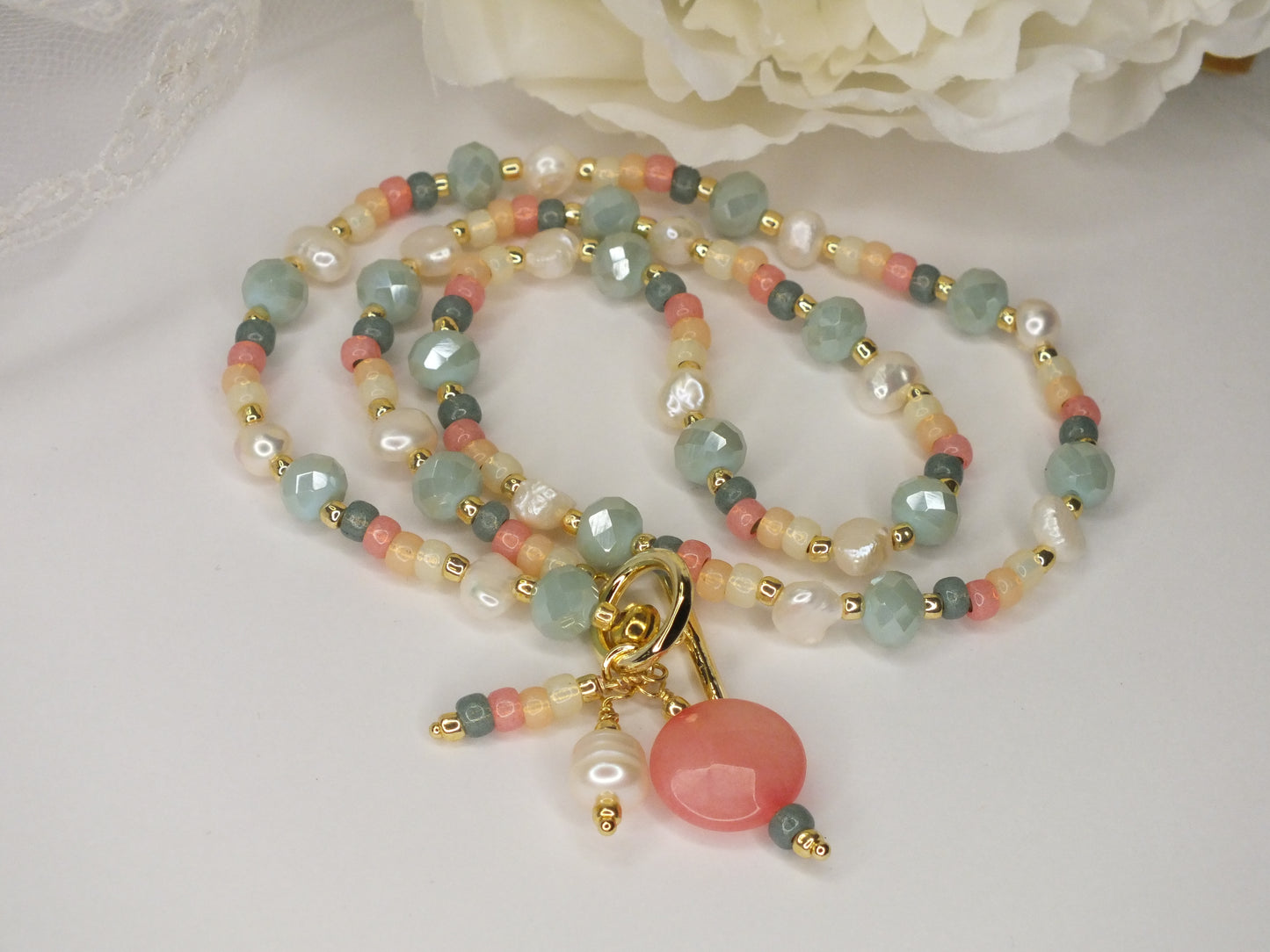 Soft green and peach necklace
